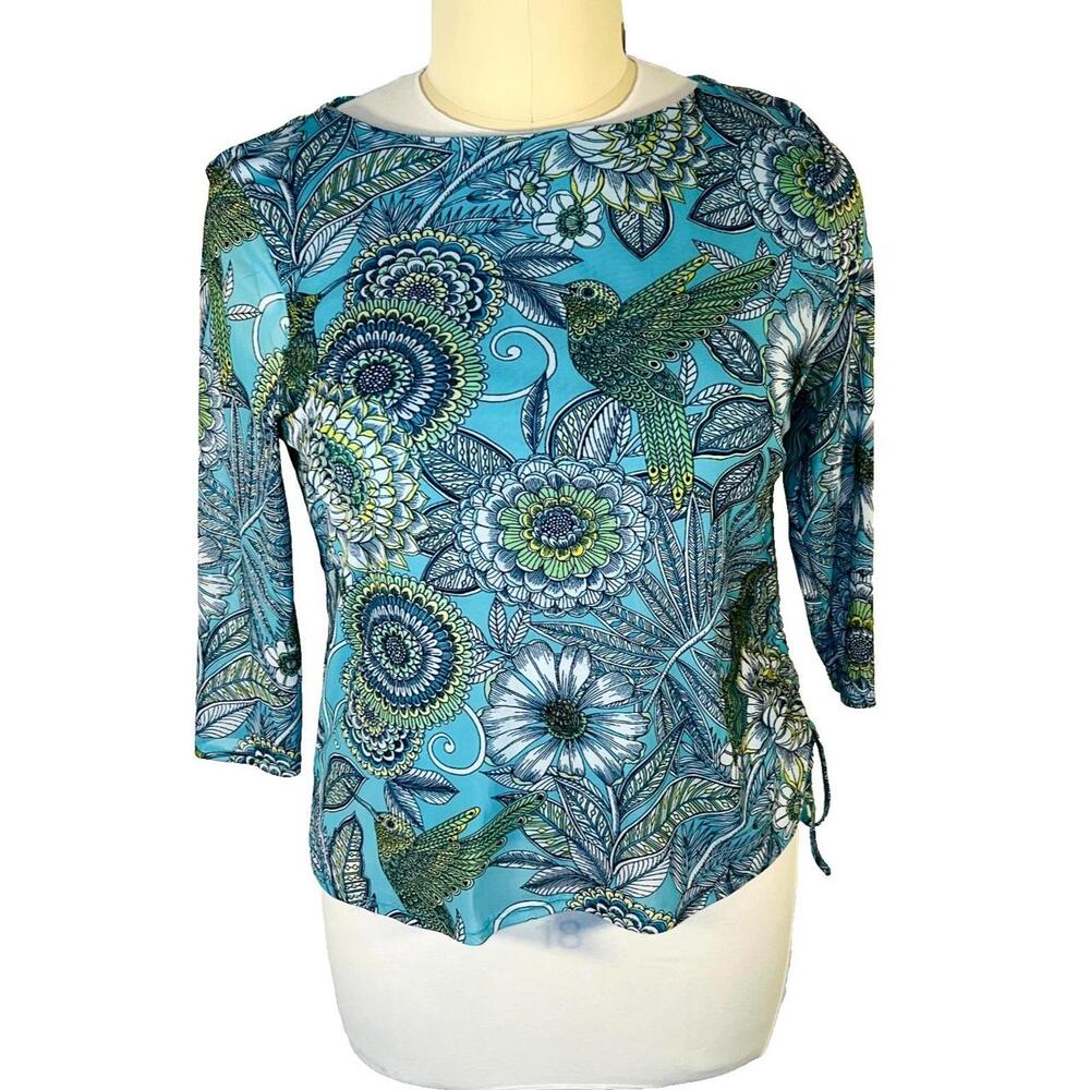 Ruby Rd. - Blouse Women's XL Stretch Mesh 3/4 Sleeve Hummingbird Floral